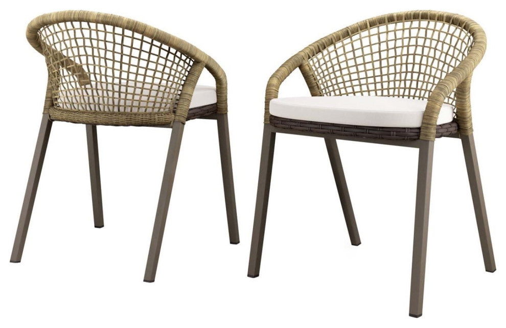 Side Dining Chair, Set of 2, White Natural, Rattan, Wicker, Outdoor Patio Garden