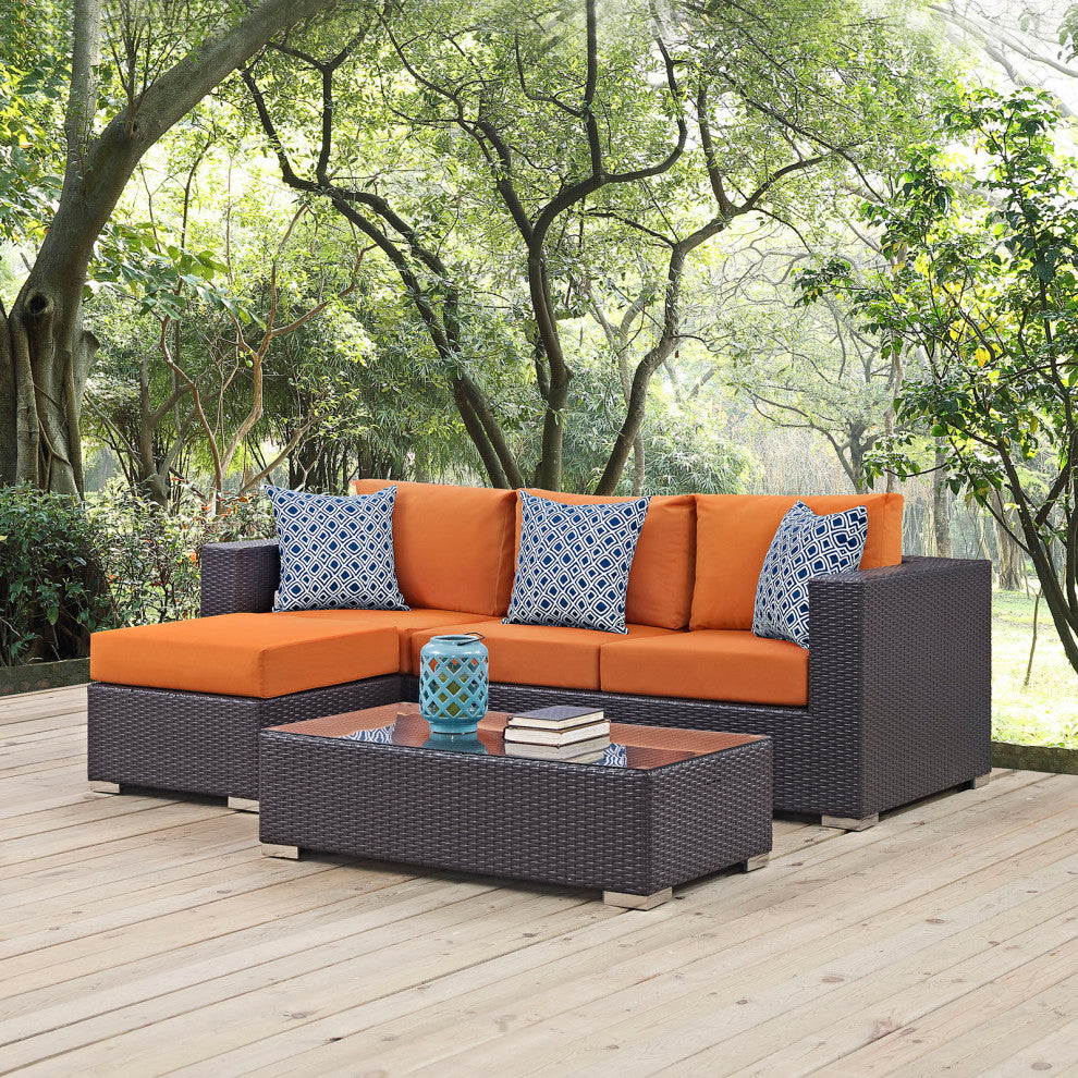 Lounge Sectional Sofa and Table Set, Rattan, Wicker, Dark Brown Orange, Outdoor