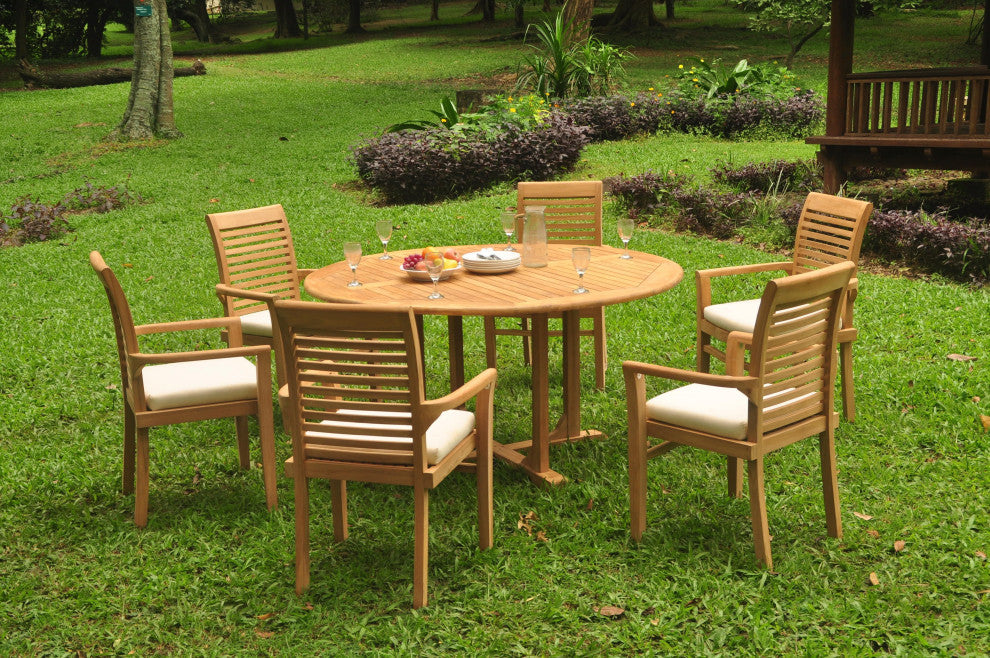 7-Piece Outdoor Teak Dining Set: 60" Round Table, 6 Mas Stacking Arm Chairs