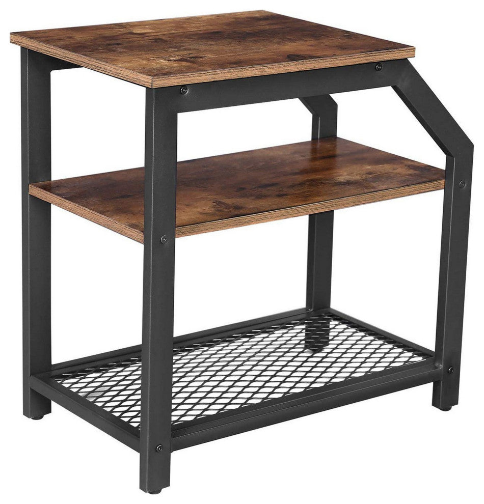 Industrial Side Table with 1 Wooden and 1 Metal Mesh Shelf, Brown and Black