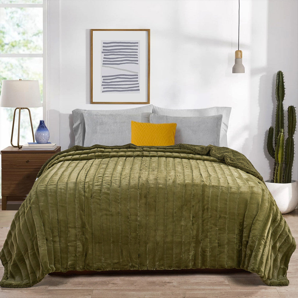 Super Mink Faux Fur Throw Blanket, Olive, 118" X 95"