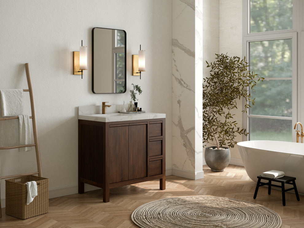 Elizabeth 36 Left Offset Bath Vanity in Dark Walnut Teak 2" Calacatta Laza
