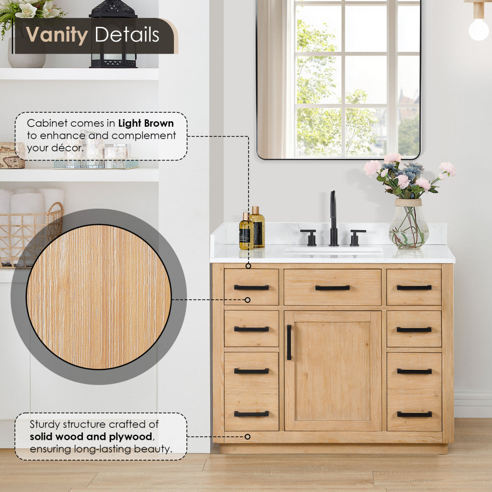Gavino Vanity With Grain White Composite Stone Top, Light Brown/Matte Black, 42", With Mirror