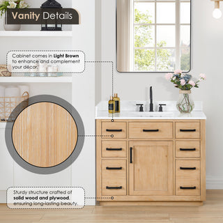 Gavino Vanity With Grain White Composite Stone Top, Light Brown/Matte Black, 42", With Mirror