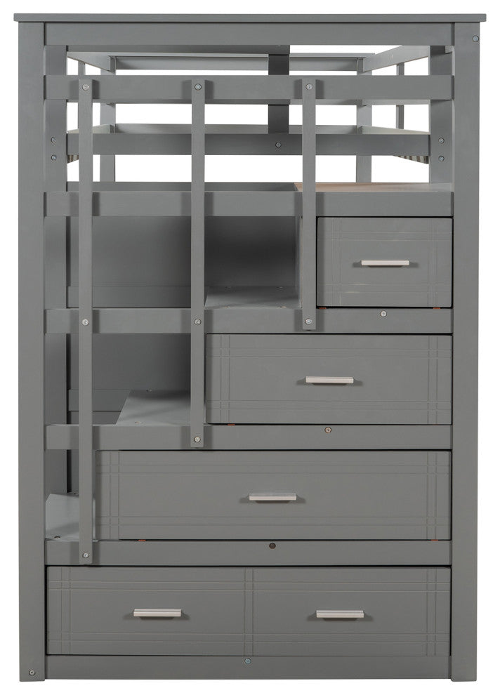 Gewnee Solid Wood Twin Over Twin Bunk Bed with Trundle and Staircase in Gray