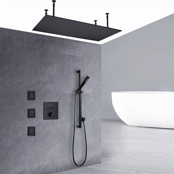 Venosa 20"x40" Matte Black Rainfall Shower System, 3 Jetted Body Spray, Non LED