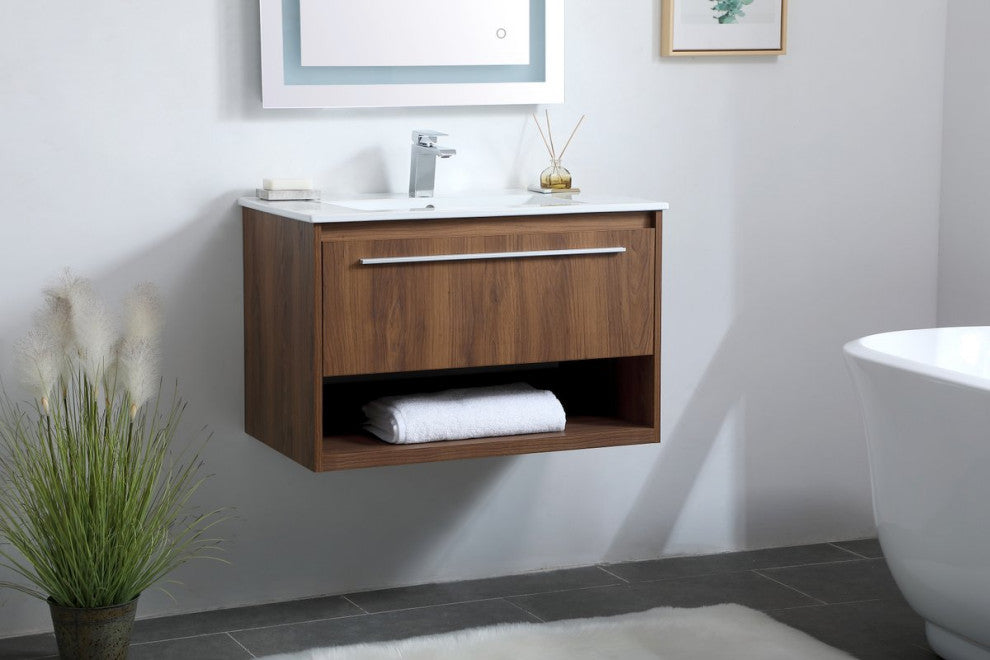 30" Single Bathroom Floating Vanity, Walnut Brown