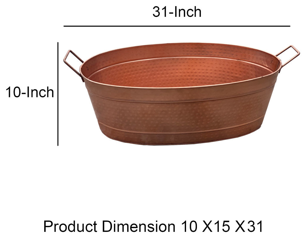 Benzara BM195214 Oval Hammered texture Metal Tub With 2 Side Handles, Copper