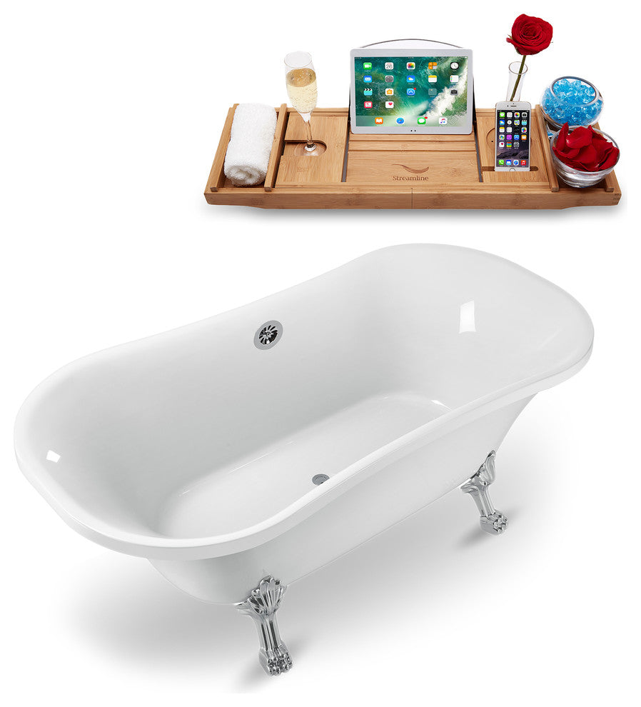 68" White Clawfoot Tub and Tray, Chrome Feet, Chrome External Drain