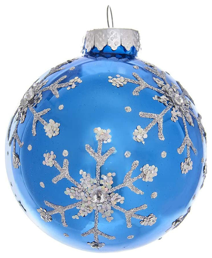 Kurt Adler 80MM Blue and Silver Glitter Snowflake Glass Ball Ornaments, 6 Pc Box