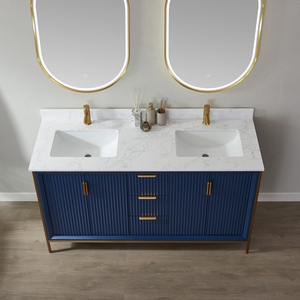 Granada Vanity With White Composite Stone Top, Royal Blue, 60", With Mirror