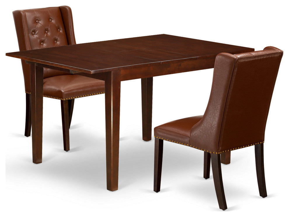 3Pc Kitchen Set, 1 Butterfly Leaf Rectangular Table, 2 Brown Chairs, Mahogany