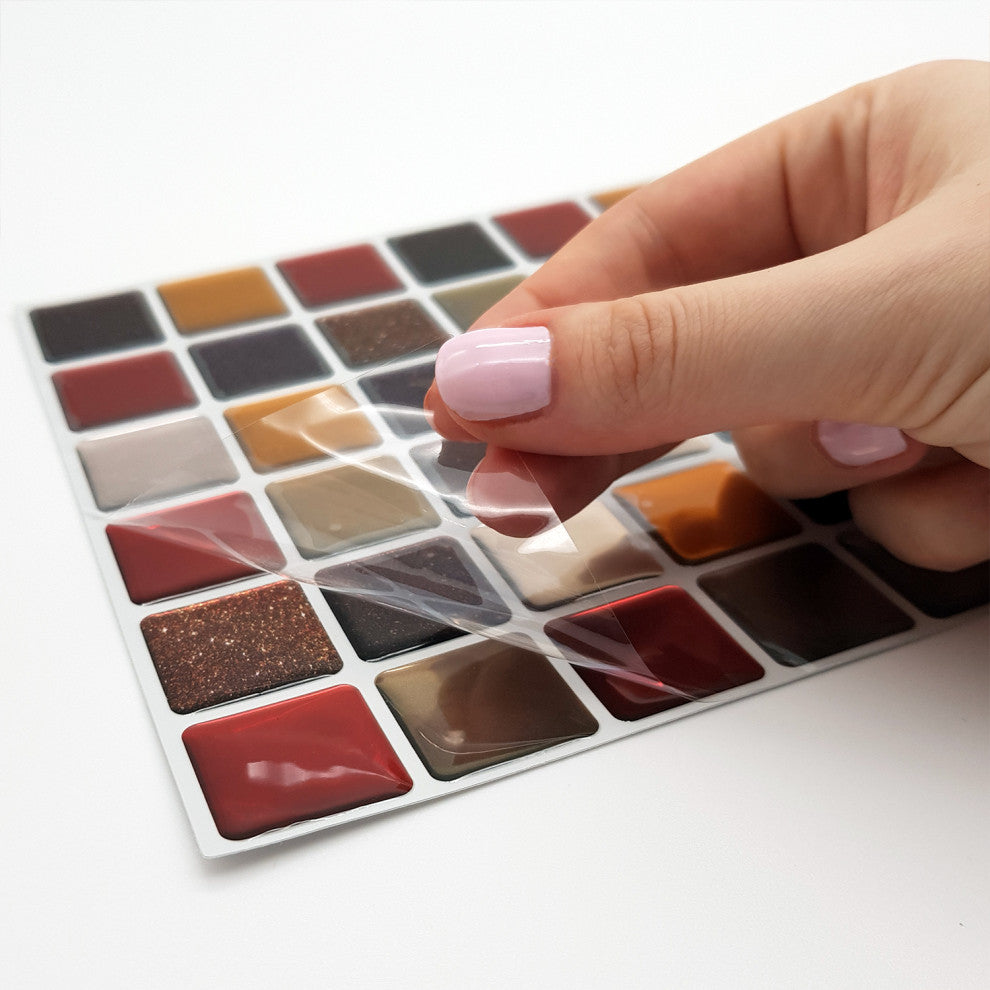 Cream Brown and Cherry Glitter Mosaic 3D Tile Sticker, Set of 12