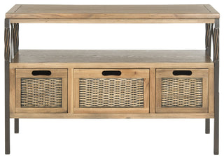 Unique Console Table, Pewter Metal Frame With Twist Accent and 3 Drawers, Oak