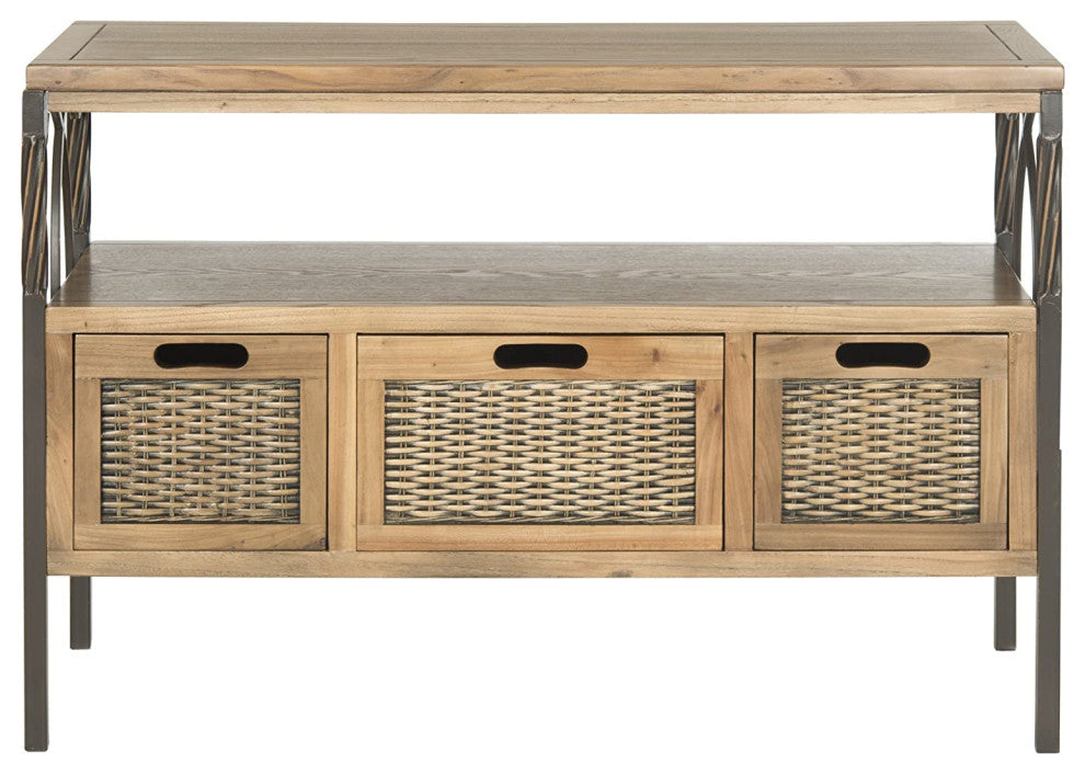 Unique Console Table, Pewter Metal Frame With Twist Accent and 3 Drawers, Oak