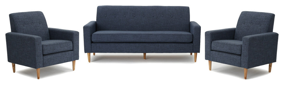 GDF Studio Stratford Mid Century Modern Fabric Sofa and Club Chairs Set, Dark Bl