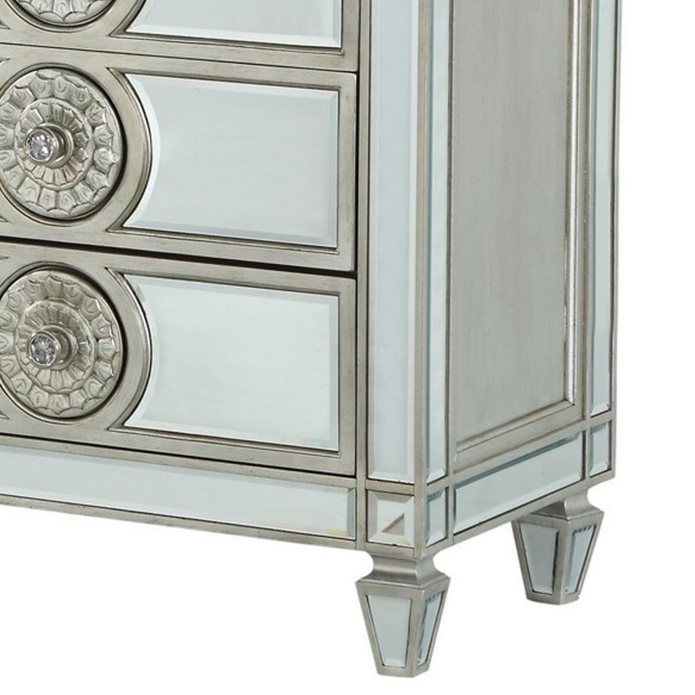 Benzara BM251278 Dresser With Mirror Front 8 Drawers and Sunburst Motifs, Silver