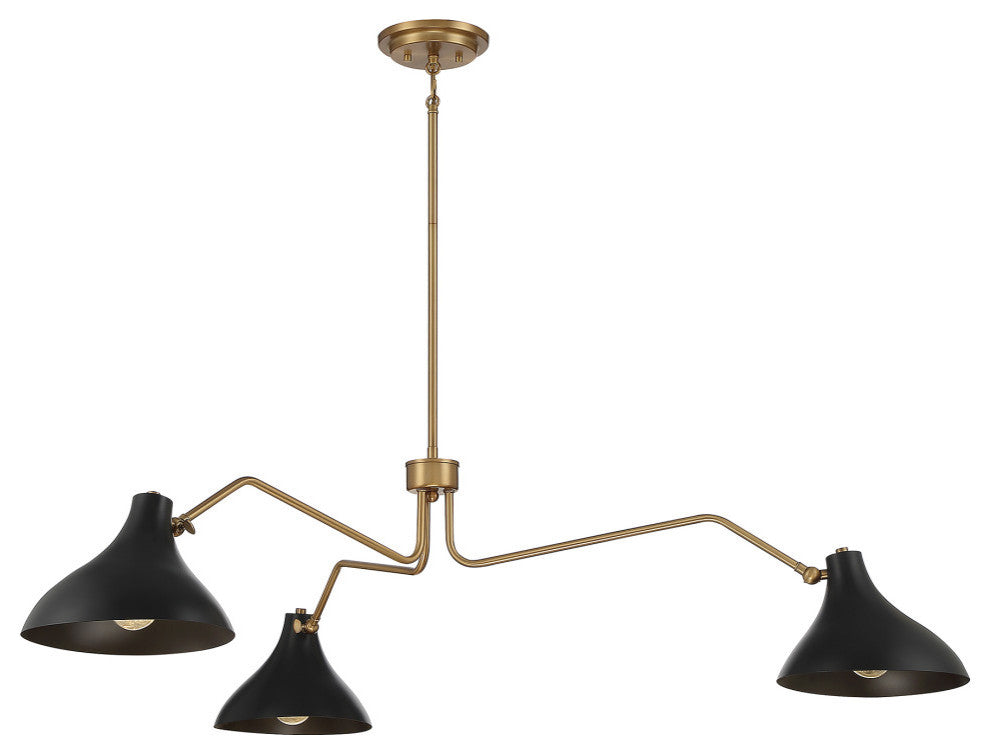 3-Light Pendant, Matte Black With Natural Brass