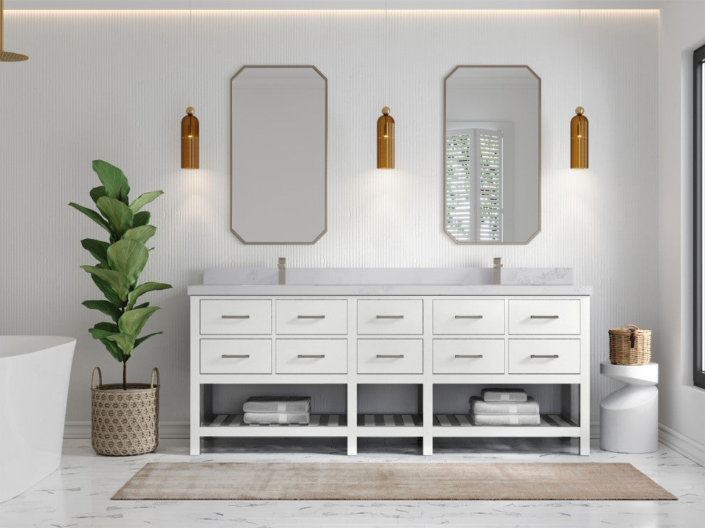 Parker 84 Double Sink Bath Vanity in White 2" Calacatta Nuvo
