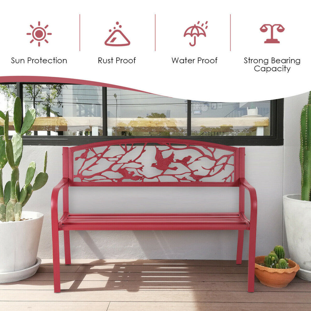 Costway Patio Garden Bench Yard Outdoor Furniture Cast Iron Porch Chair Red