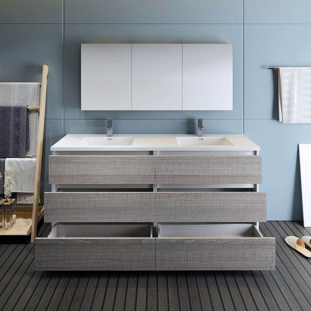 Lazzaro 72" Ash Gray Double Sink Vanity Set, Fiora Faucet, Brushed Nickel