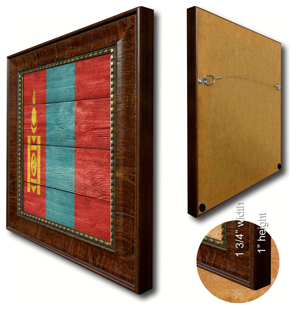 Mongolia Country Textured Flag Print With Brown Gold Frame, 19"X27"