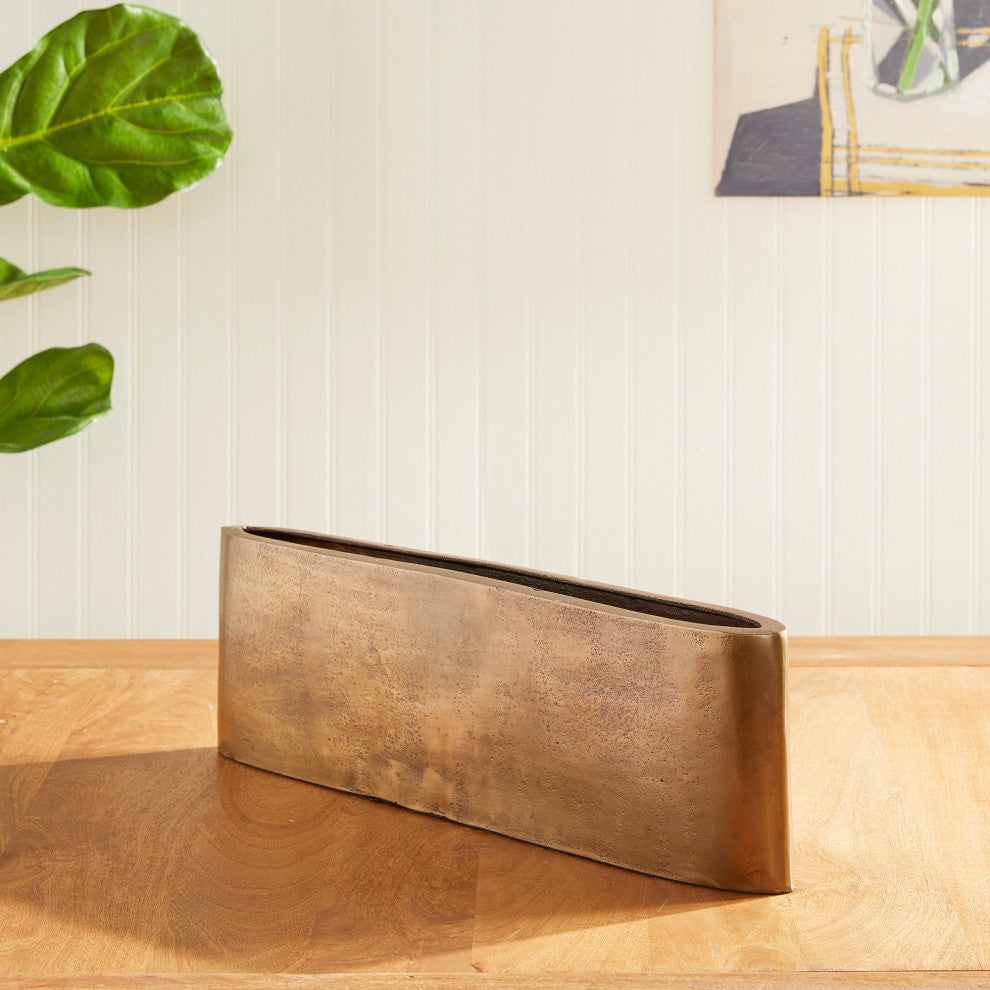 Minimalist Long Narrow Pitted Gold Oval Vase 21 in Wide Centerpiece Modern Brass