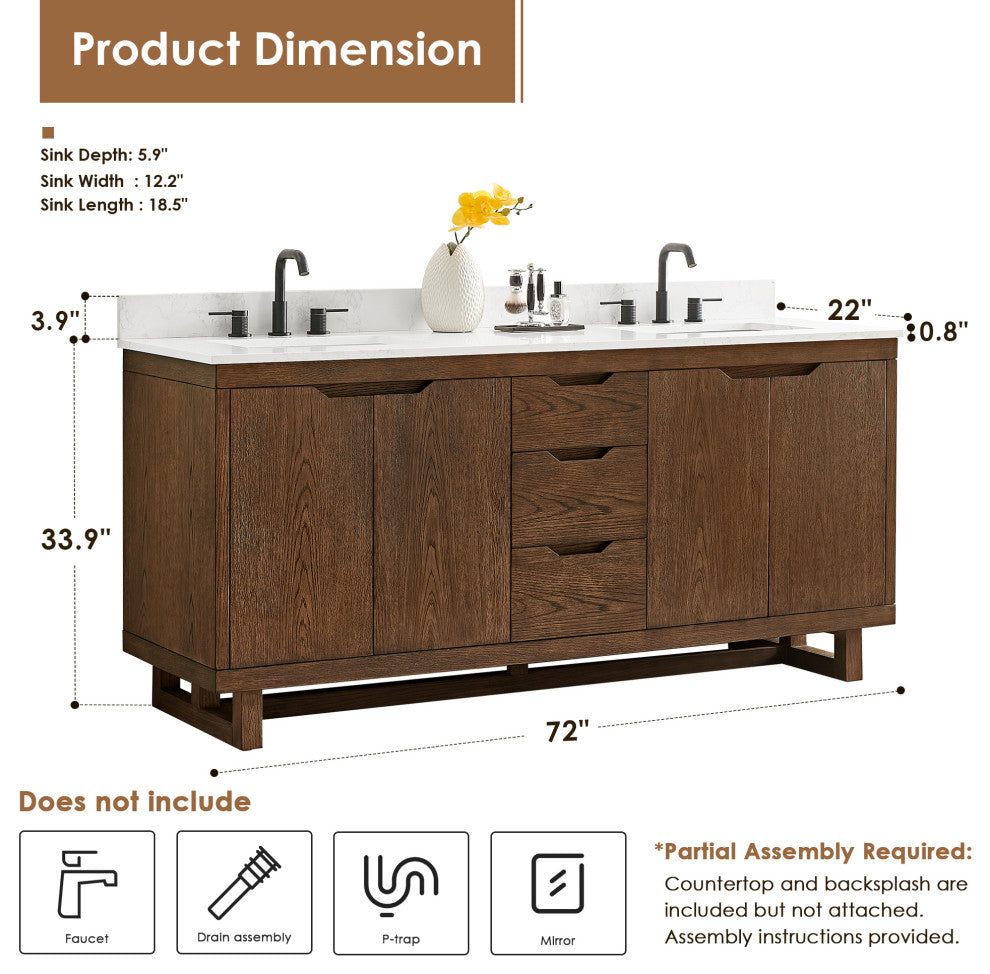Mowry Bathroom Vanity, Brown Brushed Oak, 72", No Mirror