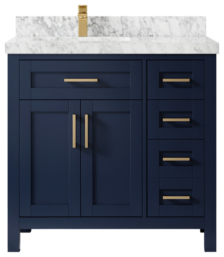 Cambridge 36 Left Offset Bath Vanity in Hale Navy Blue 2" Carrara Marble