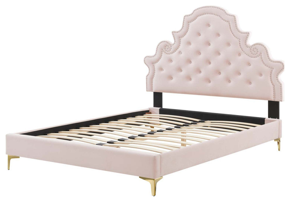 Tufted Platform Bed Frame, Twin Size, Velvet, Pink, Modern Contemporary, Bedroom