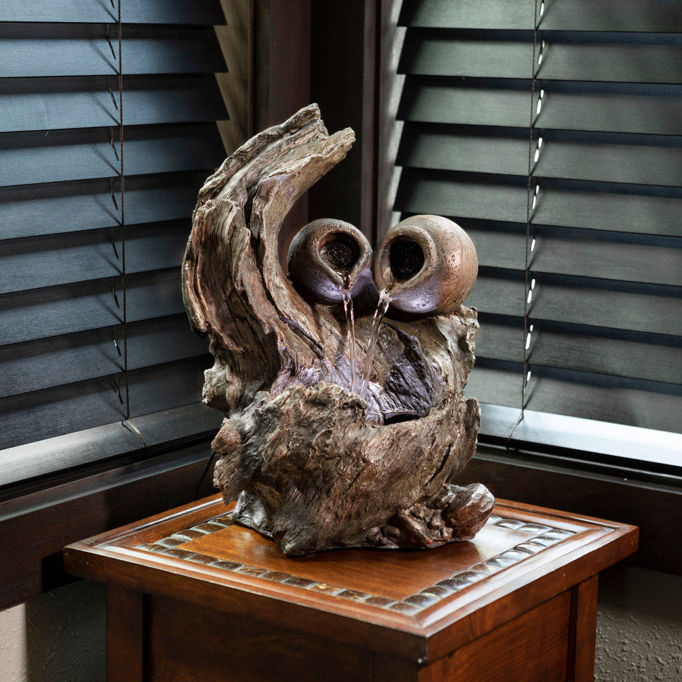 Alpine Two Jars on Tree Branch Tabletop Fountain With LED Light, 14" Tall