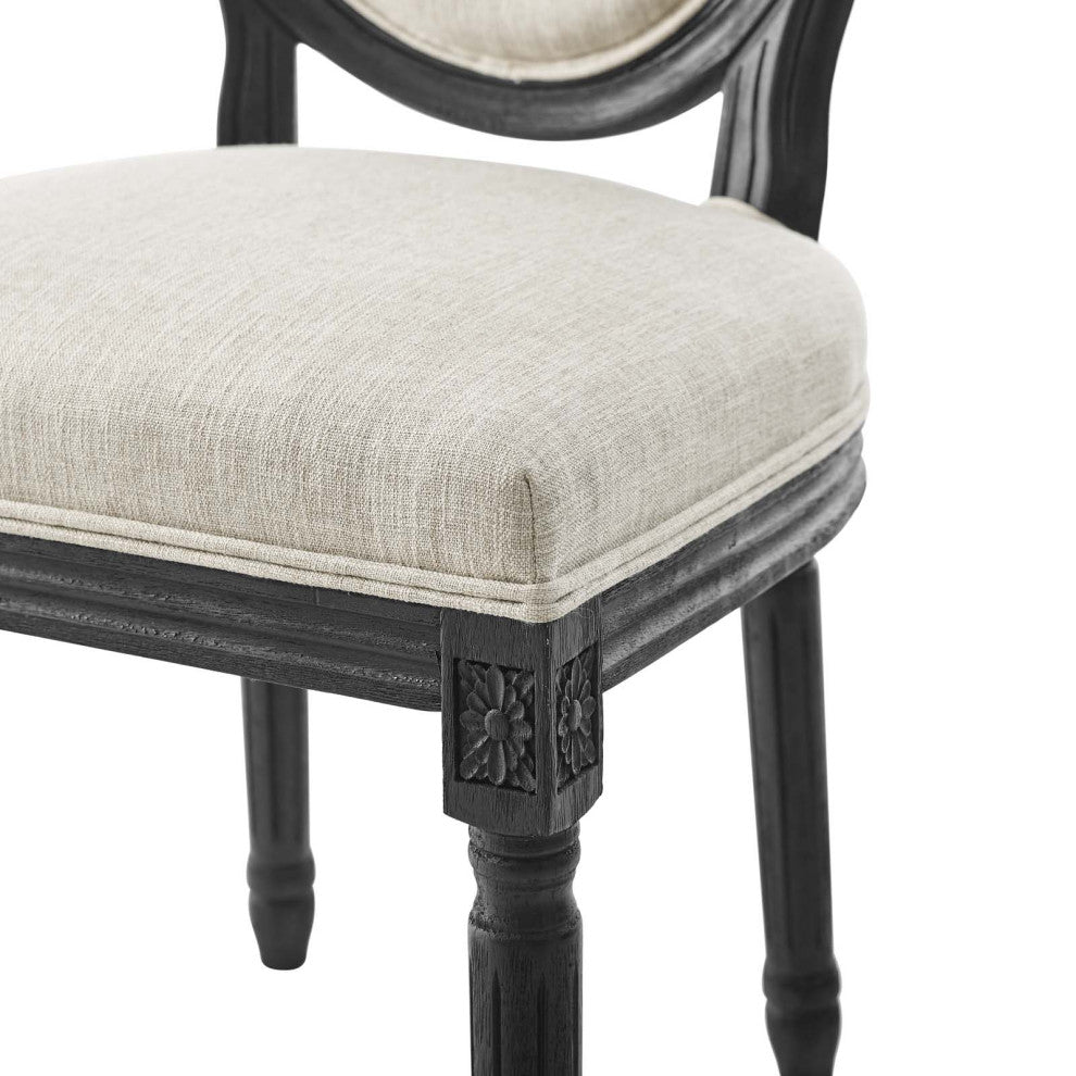 French Vintage Side Dining Chair, Fabric, Wood, Black Beige, Modern, Cafe Bistro