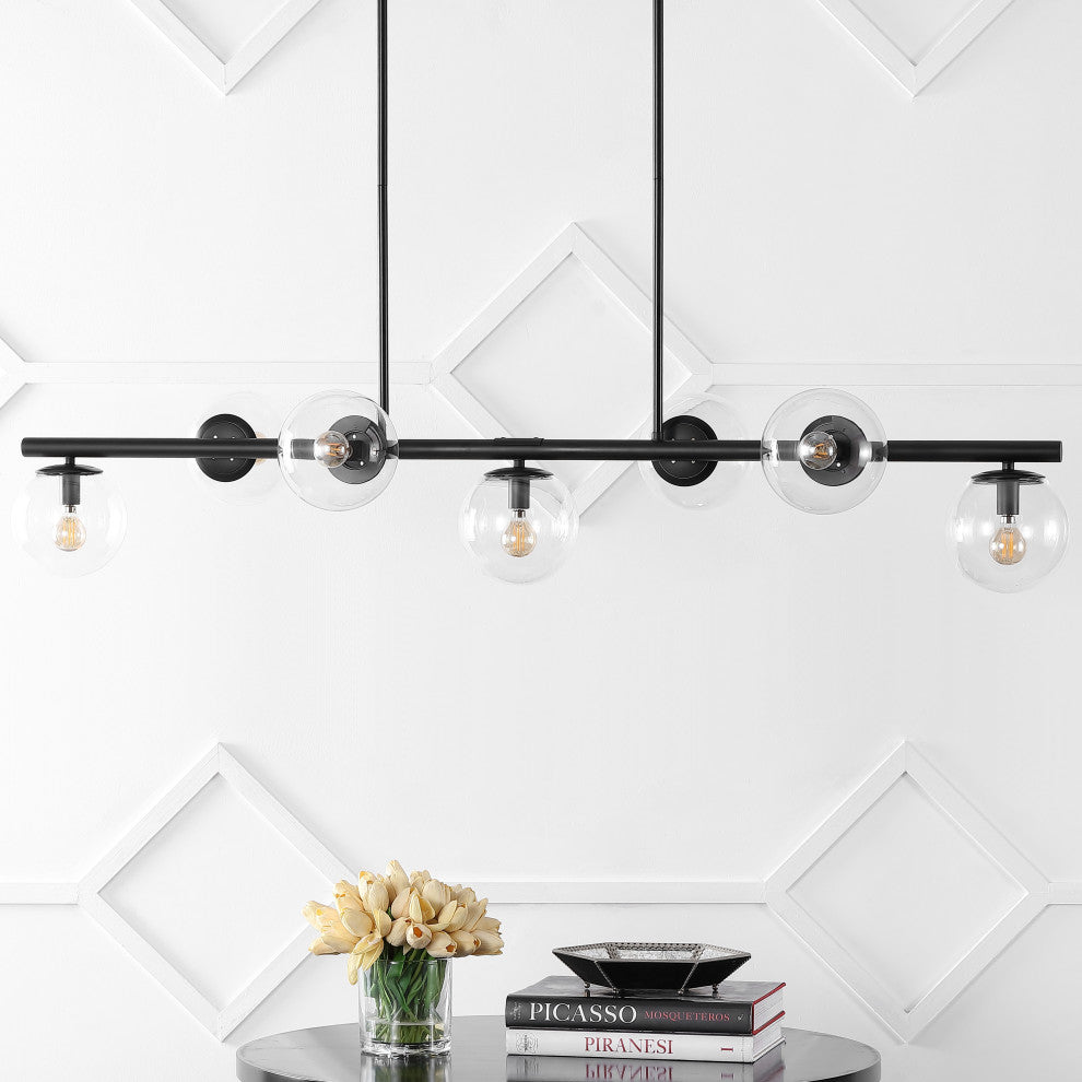Luca Parisian 53" 7-Light Modern Glam Iron Globe Linear LED Pendant, Black/Clear