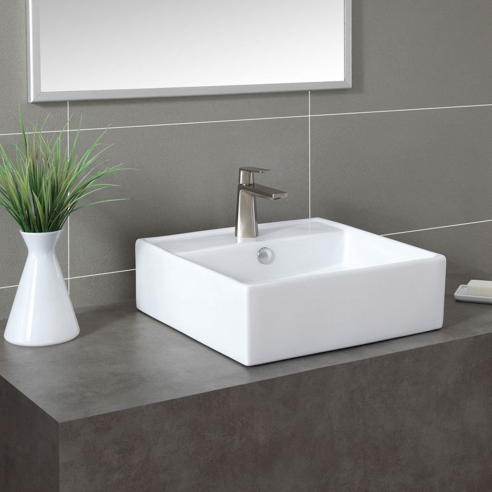 Elavo Ceramic Square Vessel White Sink, Overflow Drain Satin Nickel