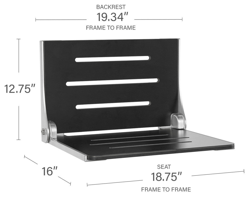 Silhouette Folding Wall Mount Shower Bench Seat, Black Seat With Silver Frame