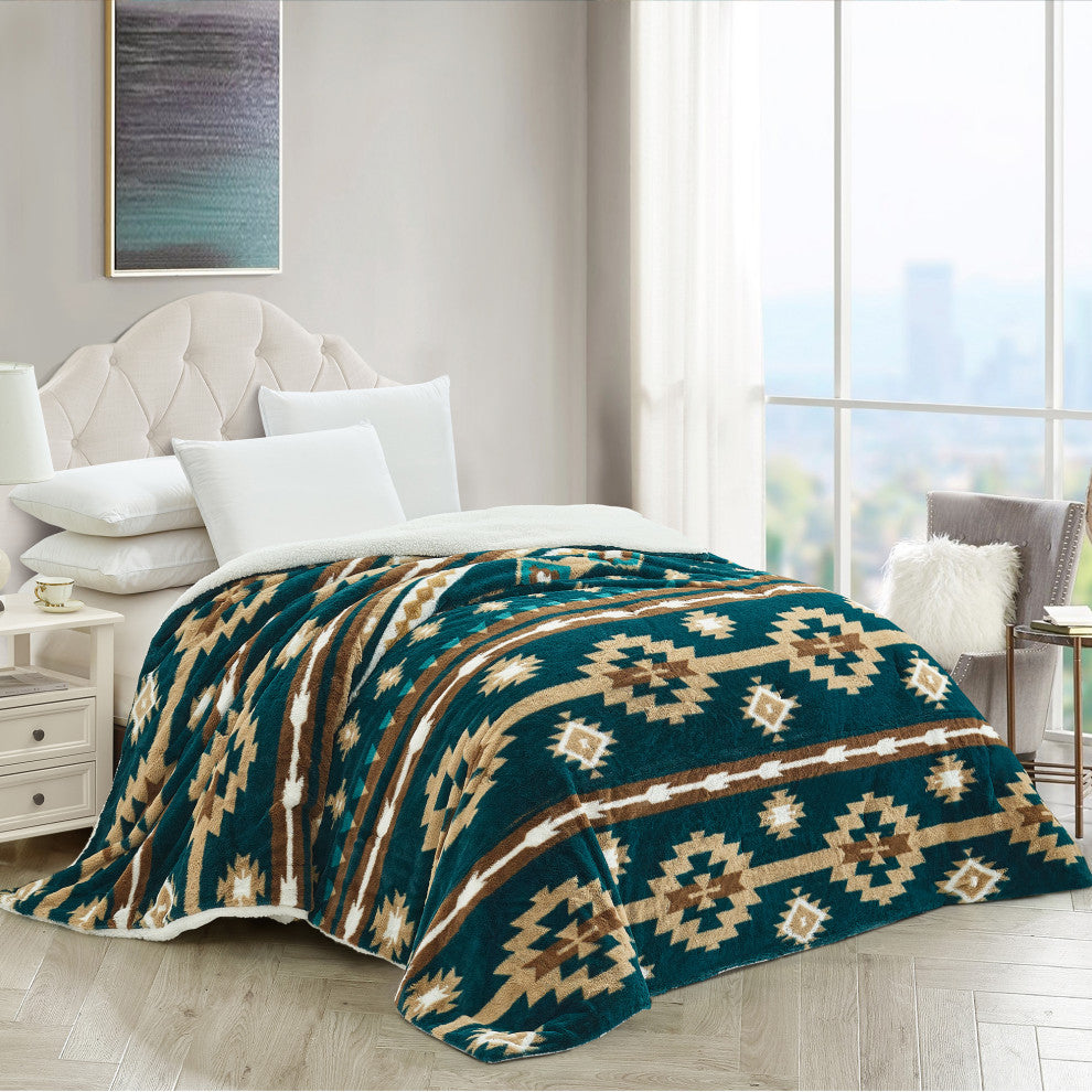 Southwest Blanket With Sherpa Backing, 90"x96", Deep Teal