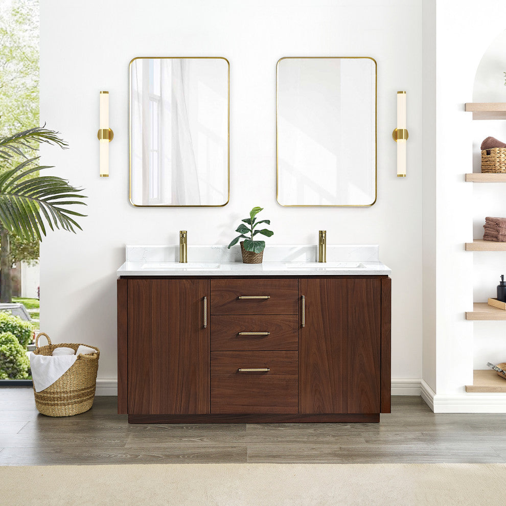 San Bath Vanity with Stone Top, Natural Walnut, 60" Double Sink, Double Vanity, No Mirror