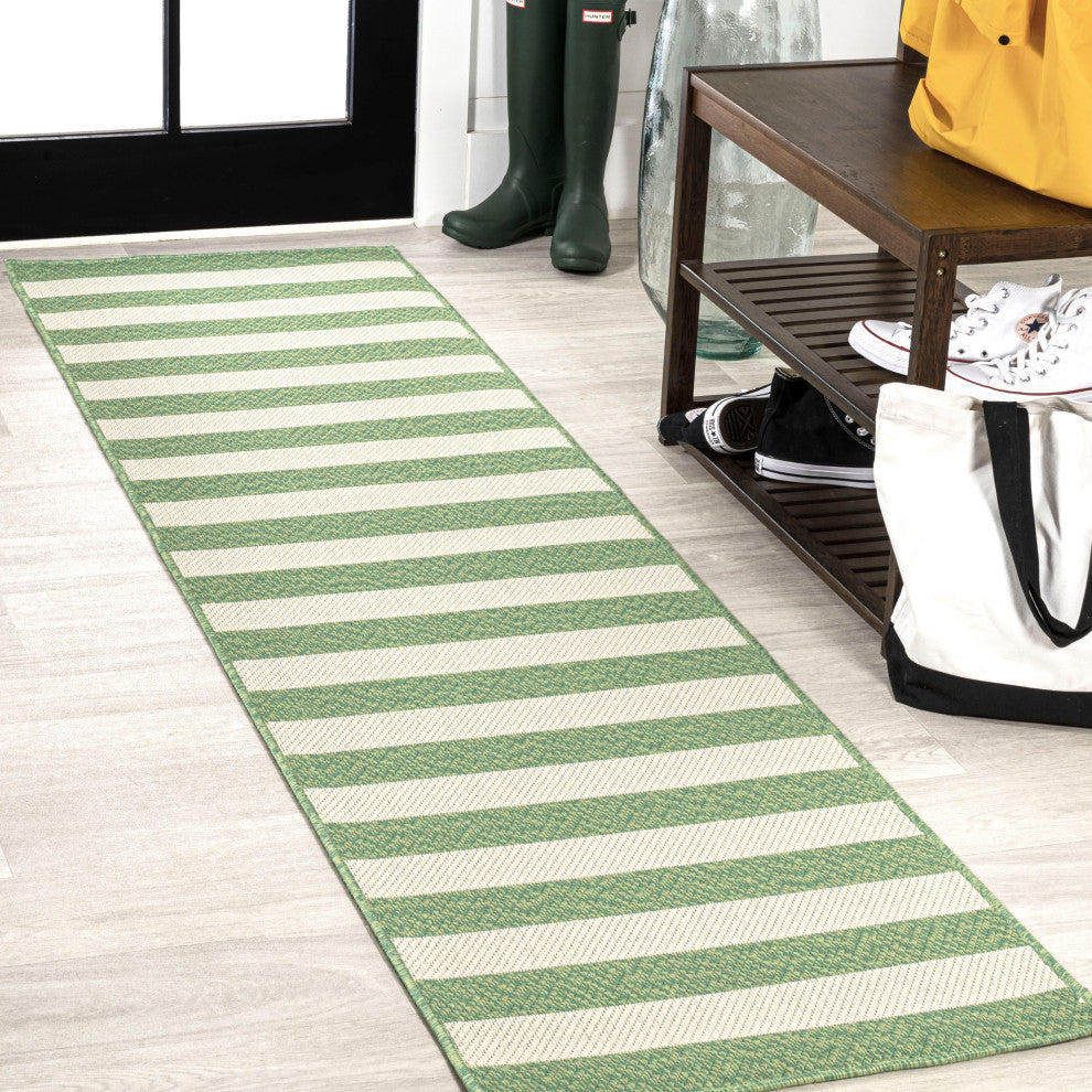 Negril Two-Tone Wide Stripe Indoor/Outdoor Area Rug, Green/Cream, 2x8
