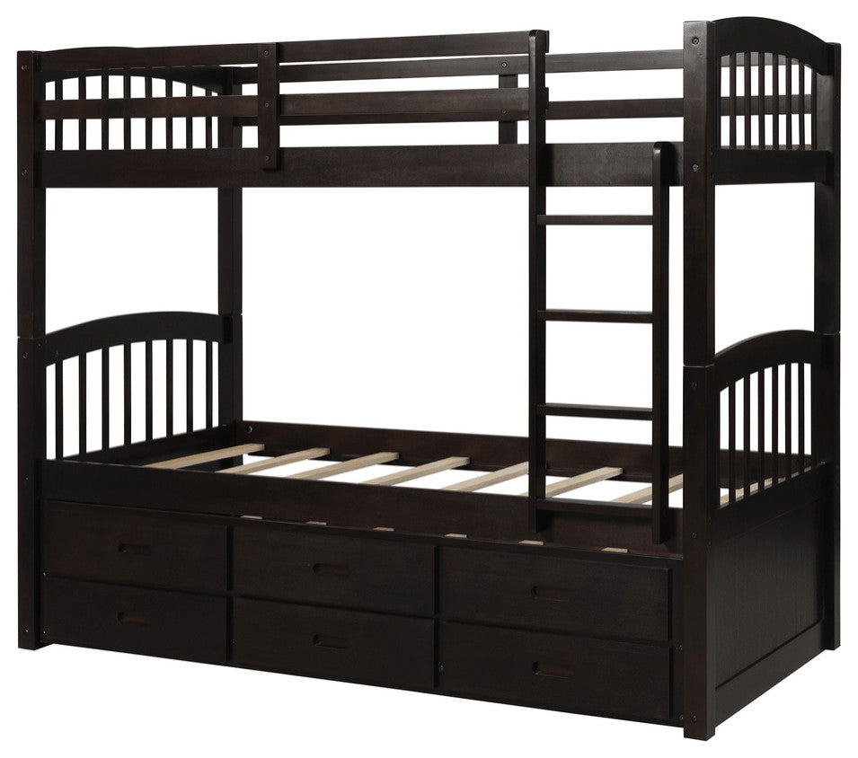 Twin over Twin Wood Bunk Bed Trundle Drawers Espresso