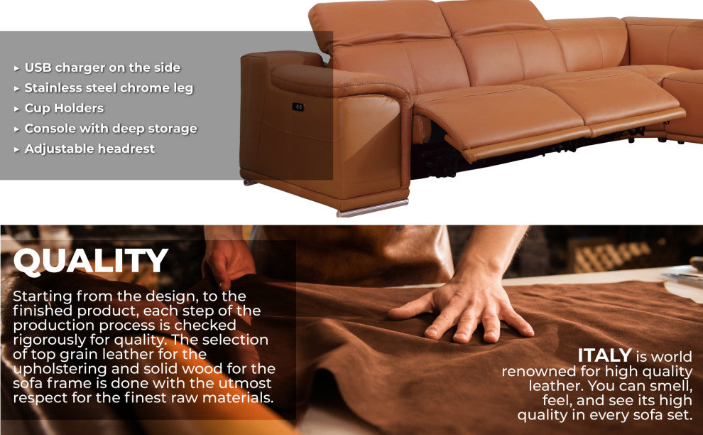 Federico 6-Piece L-Shaped Top Grain Italian Leather Sectional, Cognac