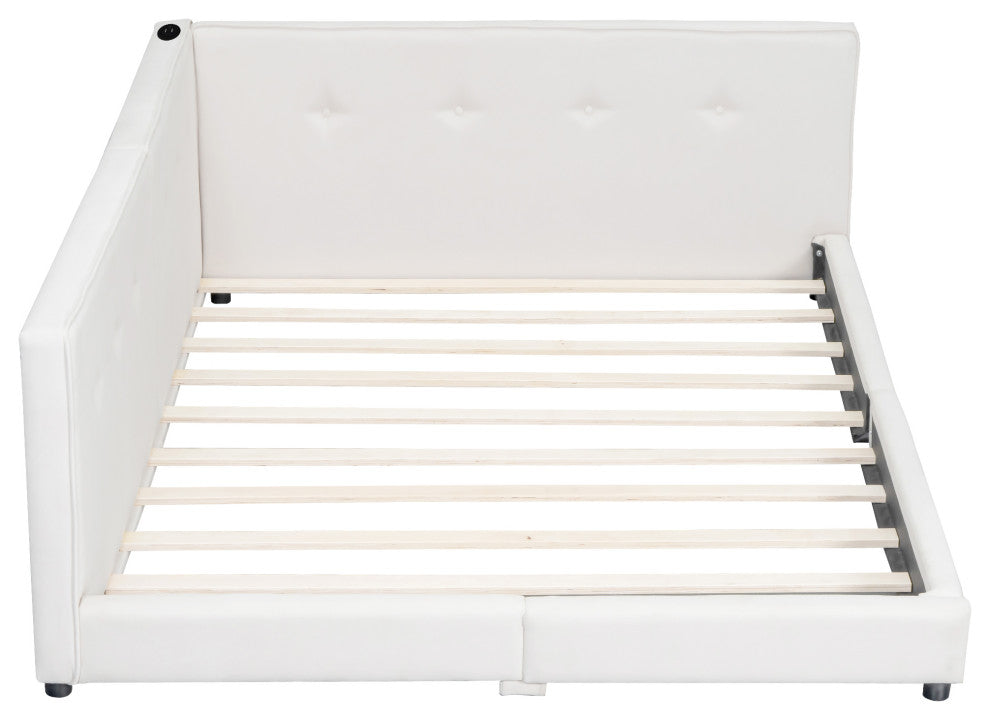 Gewnee Upholstered Queen Size platform bed with USB Ports, Beige
