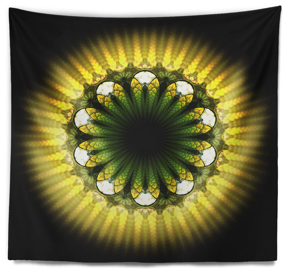 Black Yellow Fractal Flower Pattern Abstract Wall Tapestry, 39"x32"