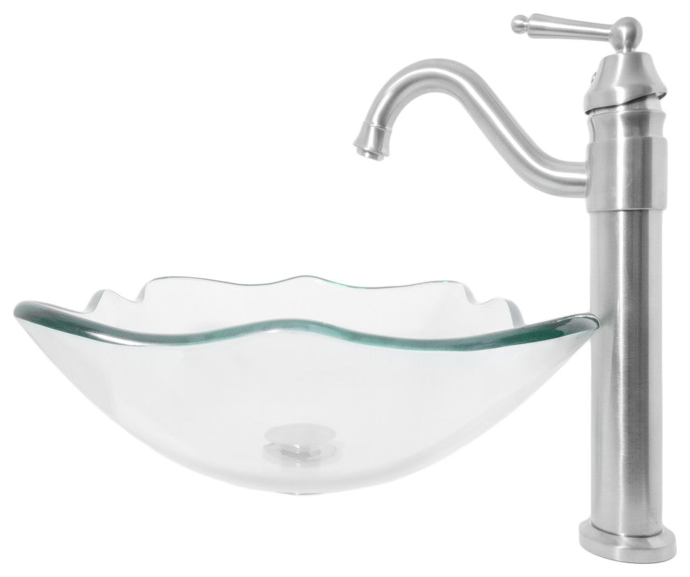 Clear Scalloped Tempered Glass Vessel Bathroom Sink with Faucet and Drain, Brushed Nickel