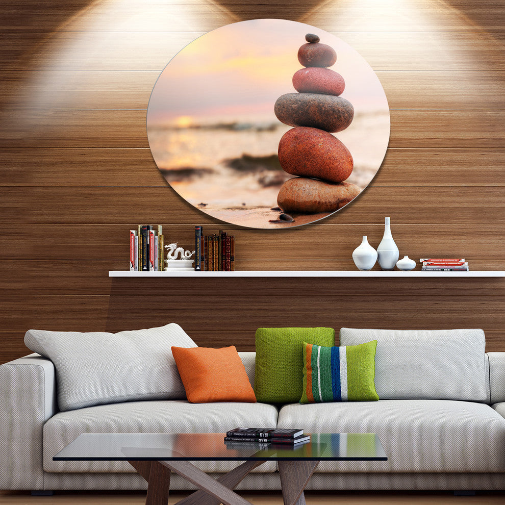 Stones Pyramid On Sand Symbolizing Zen, Landscape Round Artwork, 11"