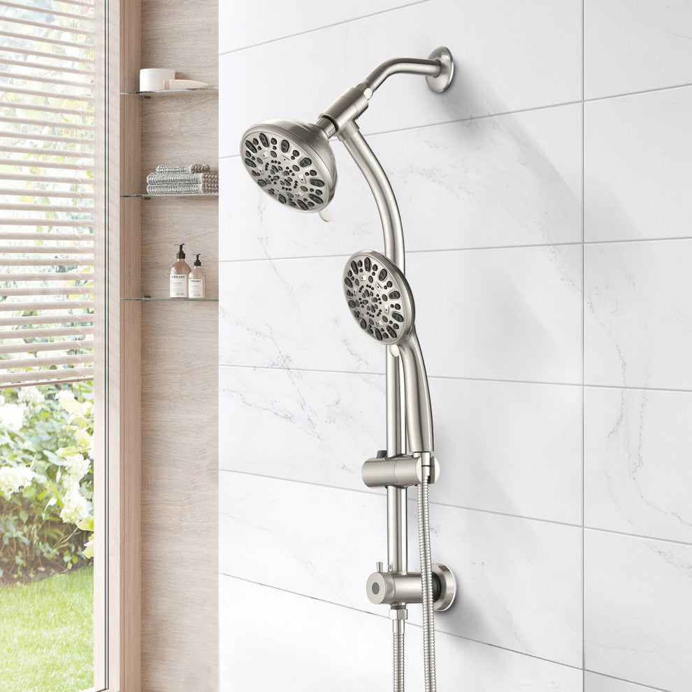 7 Spray Patterns Dual Shower Head with Slide Bar, Brushed Nickel
