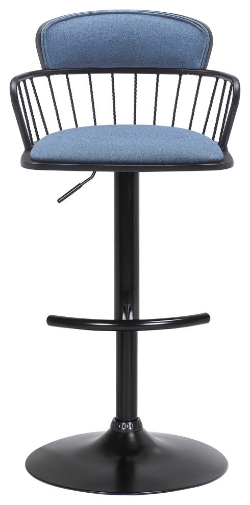 Nash Adjustable Black Wood Bar Stool, Blue Fabric With Black Metal, Blue