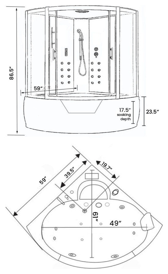 Whirlpool Corner Bathtub Shower 59.05" x 59.05" with Heater - Montecarlo