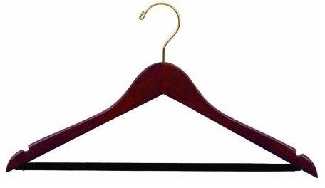 Wooden Suit Hanger With Velvet Bar, Walnut/Brass Finish, Box of 25