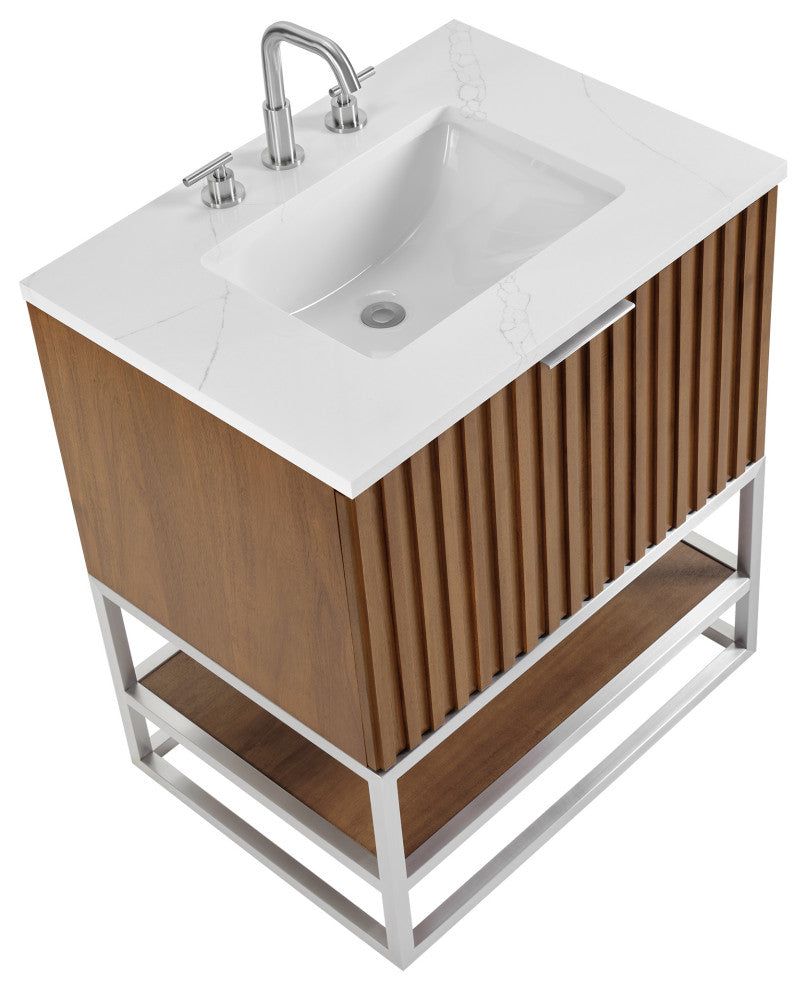 Terra Bathroom Vanity, Walnut/Brushed Nickel, 30", Calacatta Quartz Top