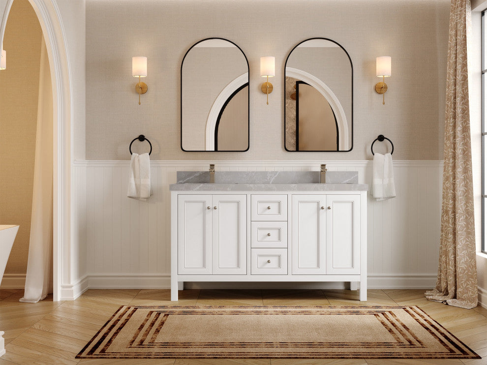 Nashville 60" Double Bathroom Vanity, White 2" Pearl Light Gray